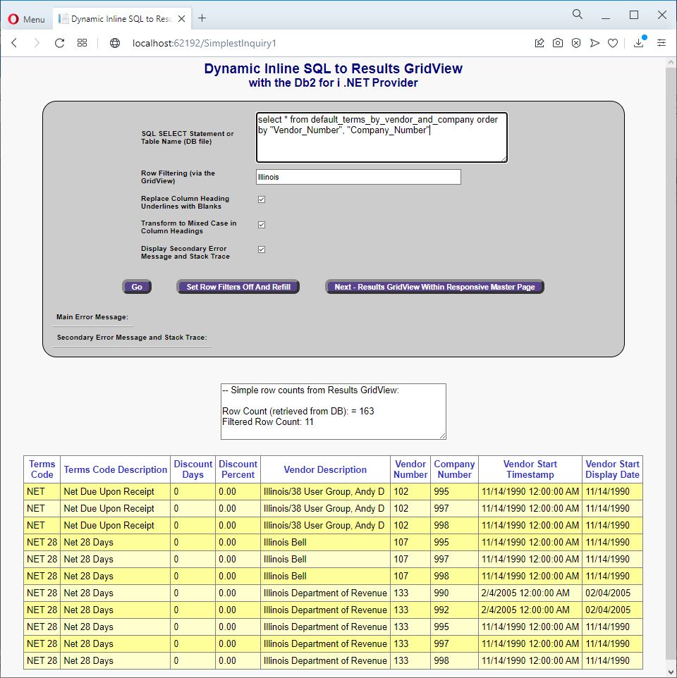 Dynamic Inline SQL to Results GridView picture from Get Running - Tegratecs Code Package