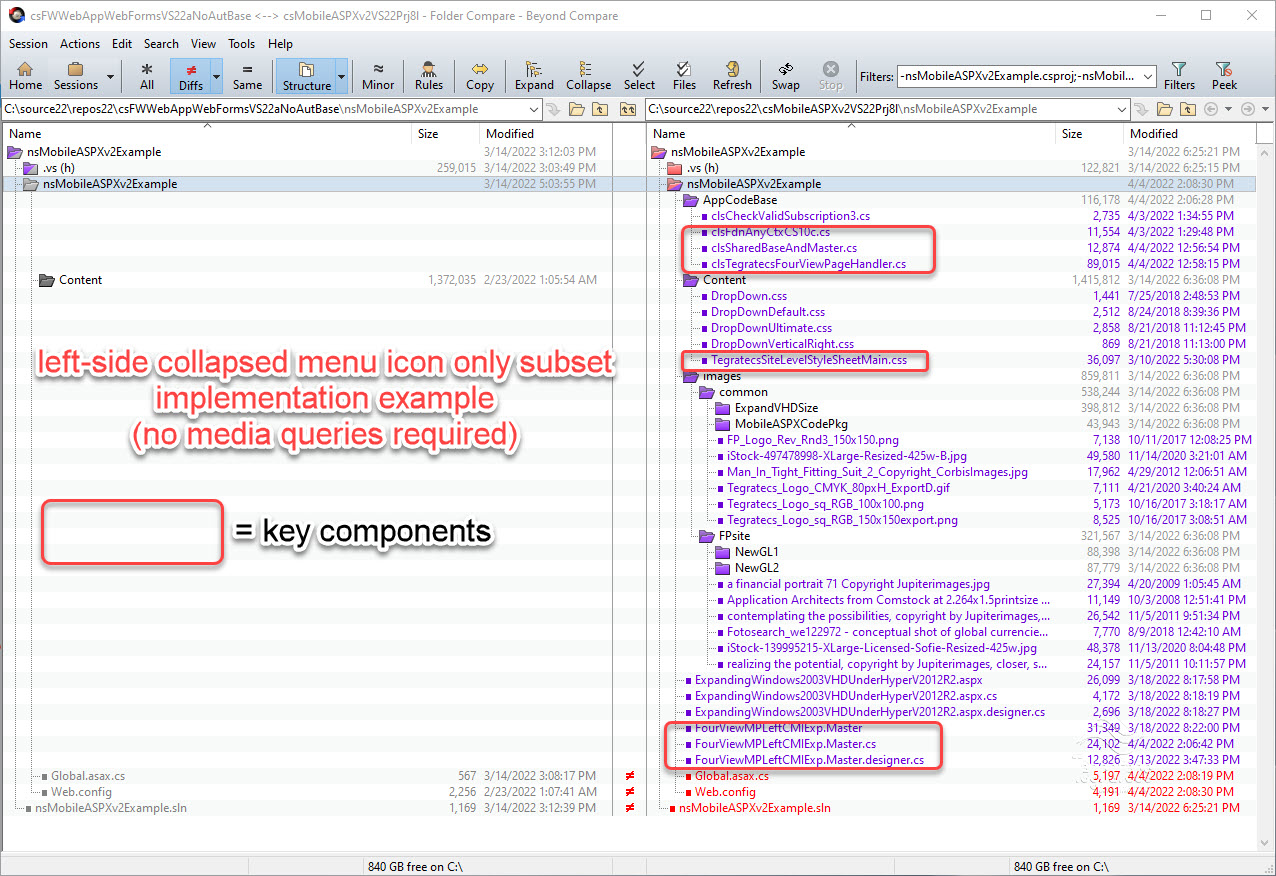 project component changes for master page strategy using left-side collapsed menu and Mobile ASPX 4 view technique without bootstrap (v2.2 project 8 Implementation Example 2)